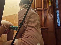 Anastasia Mistress punishes Sasha Earth slave with a long black dildo in the ass in the toilet